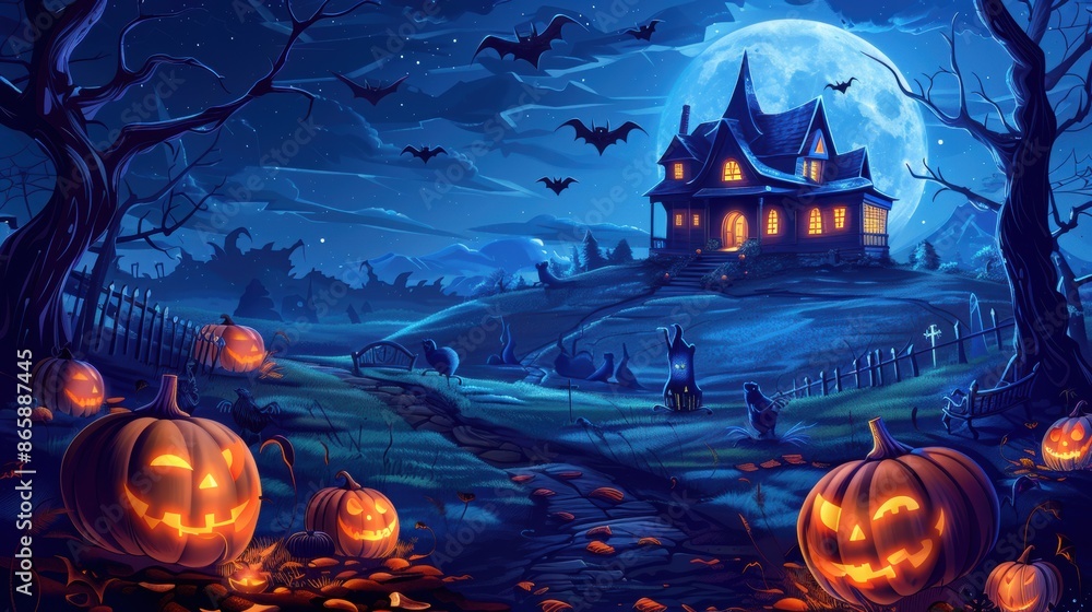 a spooky Halloween night scene featuring a haunted A house on a hill, with a full moon in the background, bats flying, and eerie glowing pumpkins lining the path. a spooky Halloween night scene featuring a haunted A house on a hill, with a full moon in the background, bats flying, and eerie glowing pumpkins lining the path.
