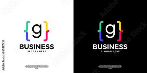 Colorful coding logo icon. Letter G logo with modern code programing symbol logo design.