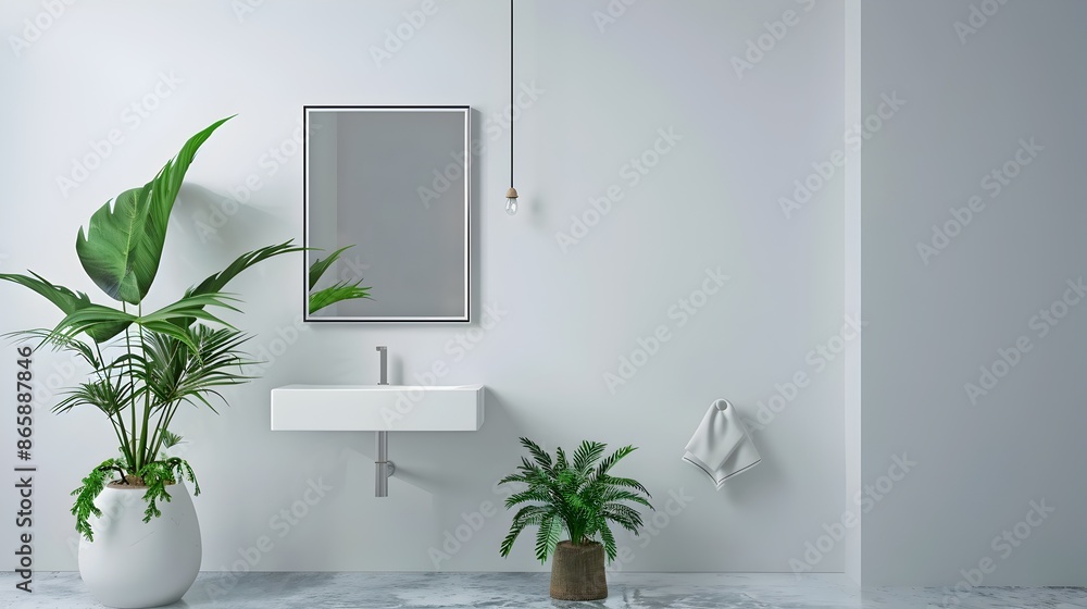 Elegant Minimalist Bathroom with Glass Elements and Frame Mockup Elegant Minimalist Bathroom with Glass Elements and Frame Mockup