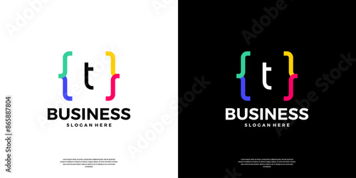 Colorful coding logo icon. Letter T logo with modern code programing symbol logo design.