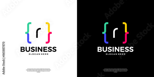 Colorful coding logo icon. Letter R logo with modern code programing symbol logo design.