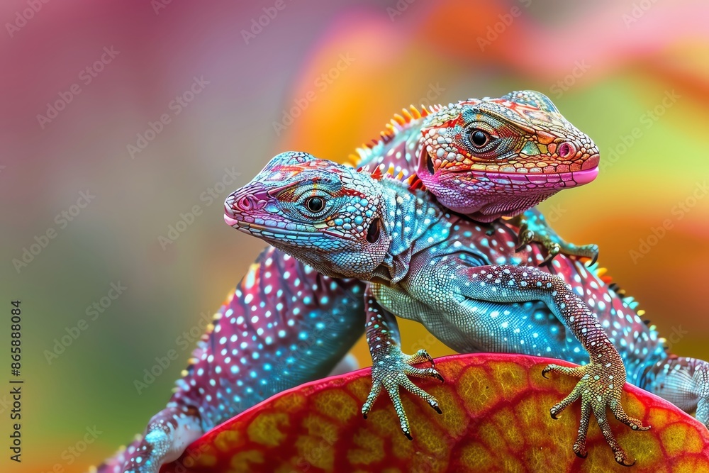 Obraz premium Colorful lizards with vibrant patterns on a leaf, showcasing nature's beauty and the diversity of reptilian life in their natural habitat.