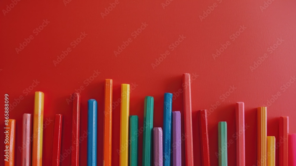 Obraz premium Counting colorful sticks for children s classes on red paper background for school preparation with space for text
