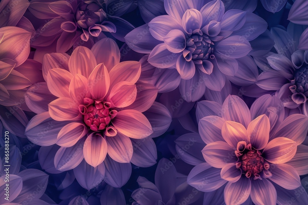 Obraz premium Close-up of vibrant purple and pink Dahlia flowers blooming in the garden. Macro shot of delicate petals with soft light and blur background.