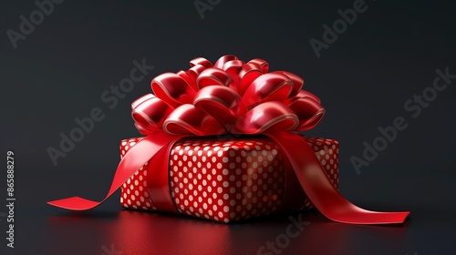 Elegant gift box wrapped in red polka dot paper with a large shiny red bow, perfect for celebrations, birthdays, or holidays.