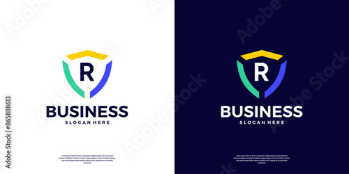 Colorful shield security with letter R mark logo design. photo