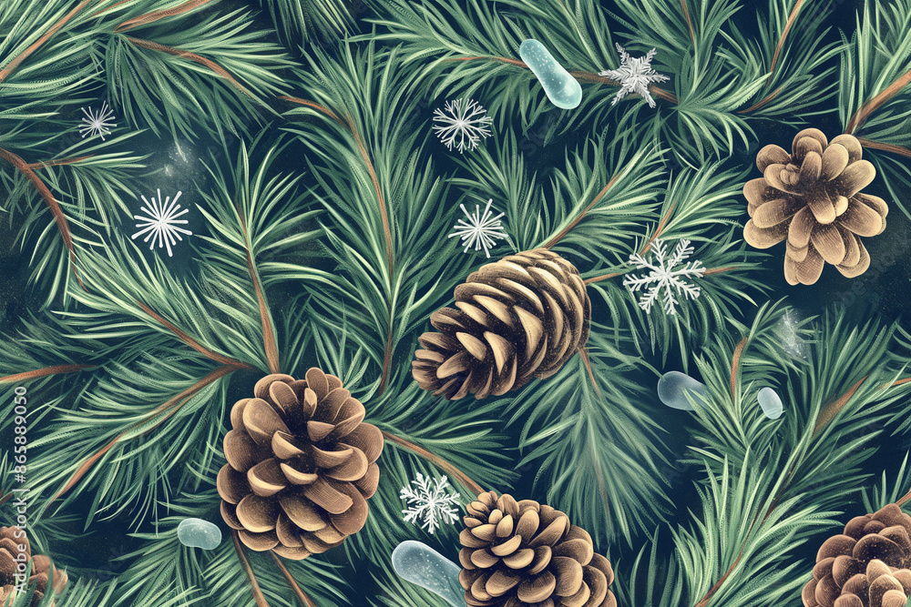 A painting of pine trees with snow and pine cones A painting of pine trees with snow and pine cones