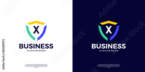 Colorful shield security with letter X mark logo design.