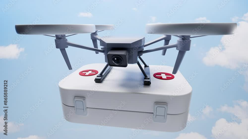 Realistic drone carrying the first aid medical box, 3d rendering. Realistic drone carrying the first aid medical box, 3d rendering.