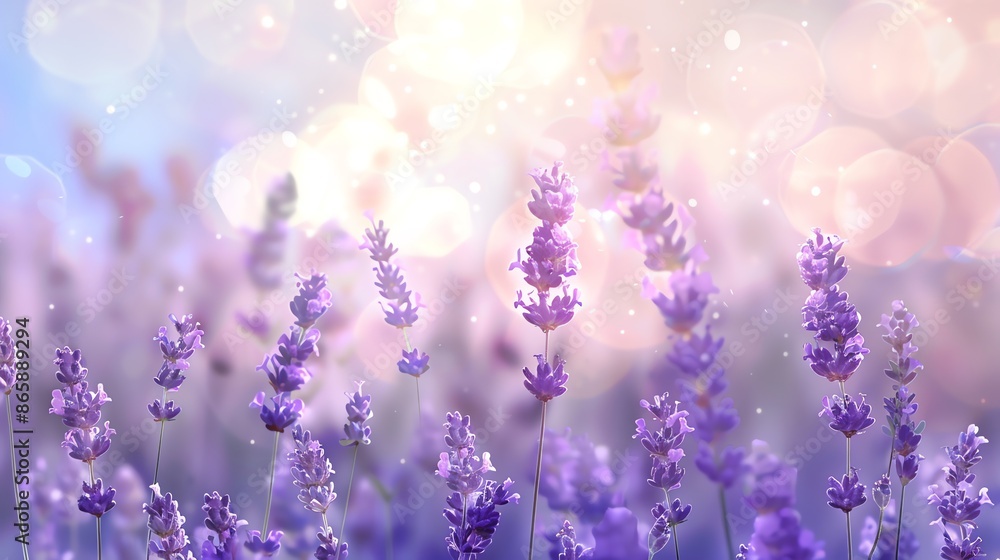 Naklejka premium Beautiful lavender flowers blooming in a field at sunset. Concept of aromatherapy, relaxation, nature, and beauty.