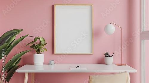 Elegant Minimalist Study Backdrop with Empty Frame on Soft Colored Wall