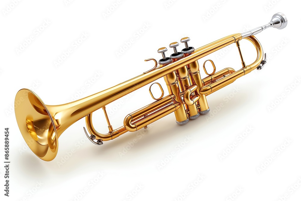 Obraz premium Golden trumpet isolated on white background, showcasing the classic brass musical instrument in detailed close-up for musicians and enthusiasts.