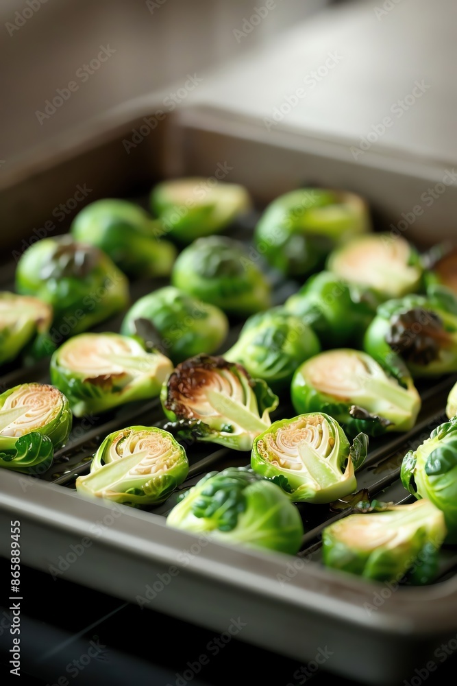 Freshly roasted Brussels sprouts on a baking tray, showcasing a healthy and delicious vegetarian dish ready to be served. Freshly roasted Brussels sprouts on a baking tray, showcasing a healthy and delicious vegetarian dish ready to be served.
