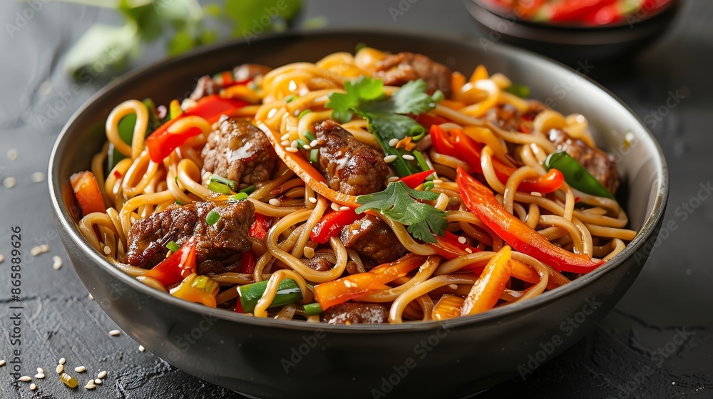 Savory Chinese noodles with vegetables and beef in a black bowl, garnished with fresh cilantro on a dark background. Savory Chinese noodles with vegetables and beef in a black bowl, garnished with fresh cilantro on a dark background.