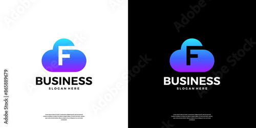Abstract cloud tech logo design. Modern letter F in the cloud database server logo.