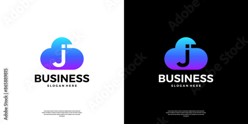 Abstract cloud tech logo design. Modern letter J in the cloud database server logo.