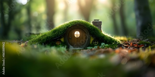 Hobbitstyle forest dwelling with whimsical design evoking fantasy adventure vibes. Concept Fantasy Décor, Forest Inspiration, Whimsical Dwelling, Hobbit Style, Adventure Vibes photo