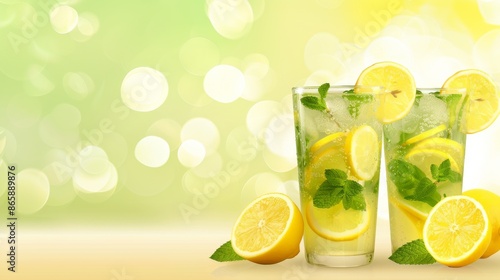 Refreshing lemonade with lemon slices and mint leaves in tall glasses on green and yellow bokeh background.