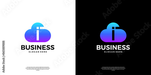 Abstract cloud tech logo design. Modern letter I in the cloud database server logo.