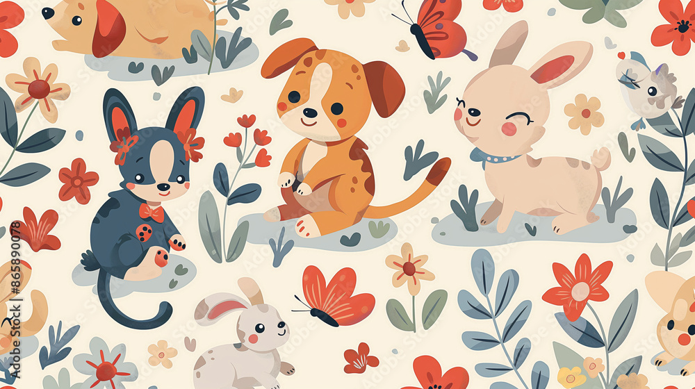 A cartoon drawing of a bunch of animals, including a dog, a cat, and a rabbit A cartoon drawing of a bunch of animals, including a dog, a cat, and a rabbit