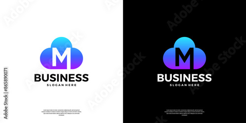 Abstract cloud tech logo design. Modern letter M in the cloud database server logo.