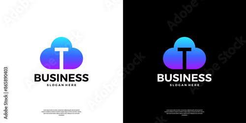 Abstract cloud tech logo design. Modern letter T in the cloud database server logo.