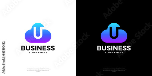 Abstract cloud tech logo design. Modern letter U in the cloud database server logo.