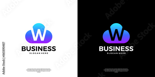 Abstract cloud tech logo design. Modern letter W in the cloud database server logo.