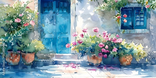 Fototapeta Naklejka Na Ścianę i Meble -  Watercolor painting of staycation joy with flowers patio and peaceful vibes. Concept Staycation Inspiration, Watercolor Painting, Flowers, Patio Decor, Relaxation Vibes