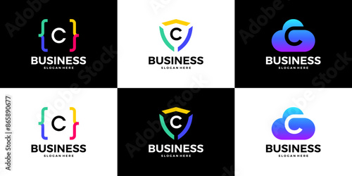 Set of letter C tech cloud, shield, coding logo design template.