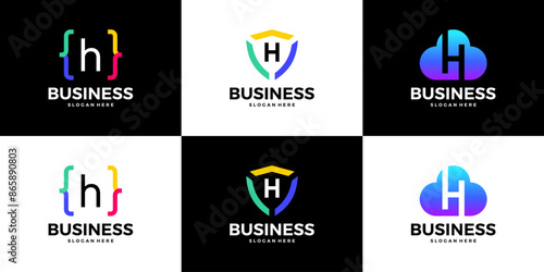 Set of letter H tech cloud, shield, coding logo design template.