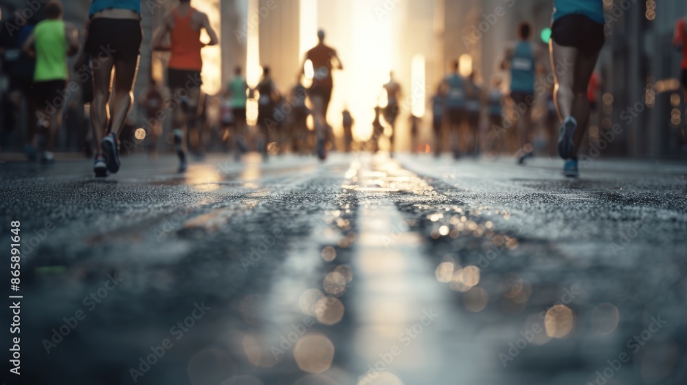 Runners in a city marathon during sunrise, capturing their movement and energy against a beautiful urban backdrop. Runners in a city marathon during sunrise, capturing their movement and energy against a beautiful urban backdrop.