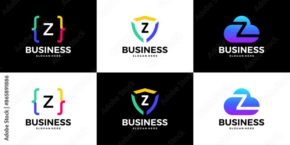 Set of letter Z tech cloud, shield, coding logo design template. Set of letter Z tech cloud, shield, coding logo design template.