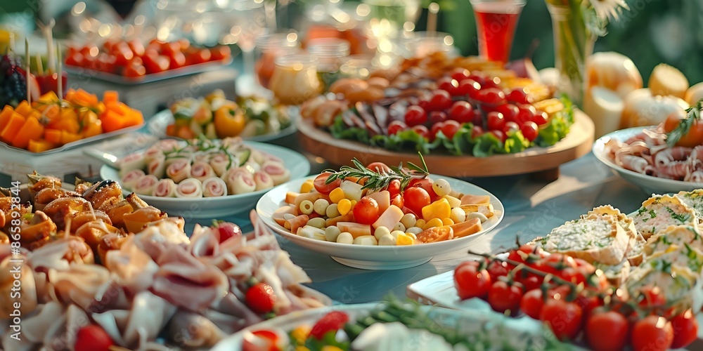 Catering table with a variety of creative and delicious food options. Concept Catering, Event Planning, Food Styling, Appetizers, Gourmet Dishes Catering table with a variety of creative and delicious food options. Concept Catering, Event Planning, Food Styling, Appetizers, Gourmet Dishes