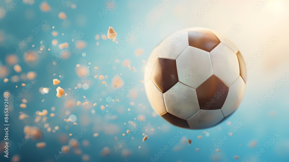 Naklejka premium A soccer ball floats in mid-air, surrounded by a burst of light and confetti.
