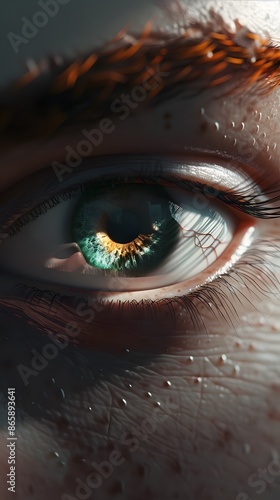 Close-up of a green eye with freckles around it. The eye is looking directly at the viewer. The image is soft and dreamy, suggesting innocence and beauty. photo