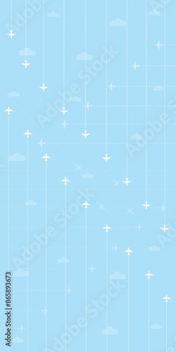 White planes, overlapping dotted lines and clouds. Travel and holiday travel patterns. Light blue background.