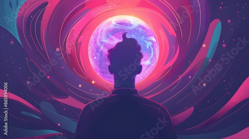 Silhouette of a person gazing at a swirling nebula with a glowing planet in the center.  A vibrant and surreal depiction of wonder and the unknown.
