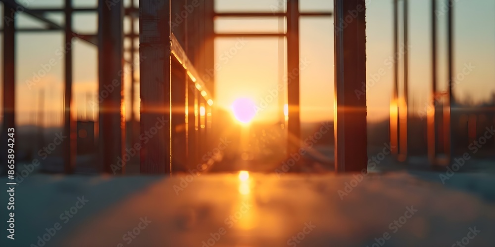 Sunset at a construction site with steel beams for residential buildings. Concept Construction Photography, Steel Structures, Urban Development, Sunset Aesthetics, Residential Architecture Sunset at a construction site with steel beams for residential buildings. Concept Construction Photography, Steel Structures, Urban Development, Sunset Aesthetics, Residential Architecture