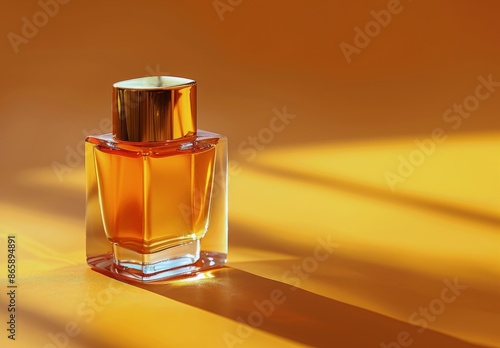 Square Glass Perfume Bottle With Gold Cap on Orange and Pink Gradient Background