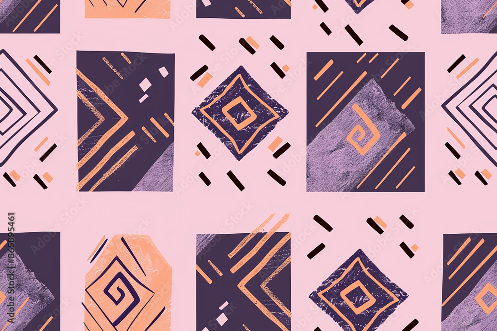 Fototapeta premium Playful geometric pattern with pink, purple, and orange elements on a light background. This seamless tile features various shapes and lines, creating a whimsical, modern design.