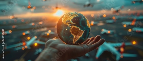 hand holding globe with airplanes flying around it - transportation and aviation concept.
