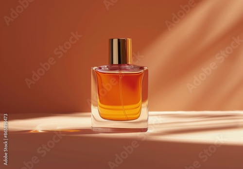 Glass Perfume Bottle With Gold Accents on Brown Background