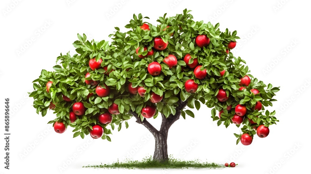A healthy apple tree with bright green leaves and red apples isolated on white background A healthy apple tree with bright green leaves and red apples isolated on white background
