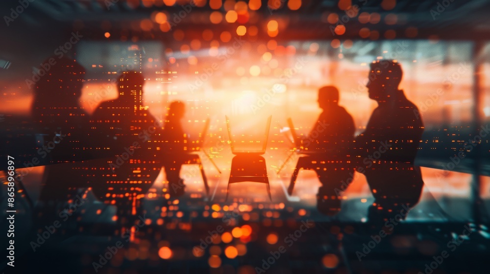 Silhouetted group of business people in a high-tech office setting with digital interface overlay and warm, glowing background light. Silhouetted group of business people in a high-tech office setting with digital interface overlay and warm, glowing background light.