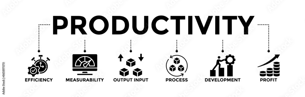 Productivity banner icons set. Vector graphic glyph style with icon of efficiency, measurability, input output, process, development, and profit Productivity banner icons set. Vector graphic glyph style with icon of efficiency, measurability, input output, process, development, and profit