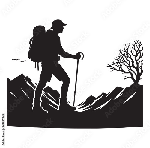 Hiker silhouette of a trekking Hiker vector on isolated white background.