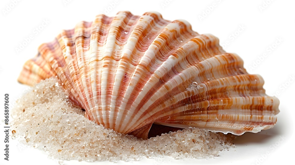 A pink shell is on the sand isolated on a white background. A pink shell is on the sand isolated on a white background.