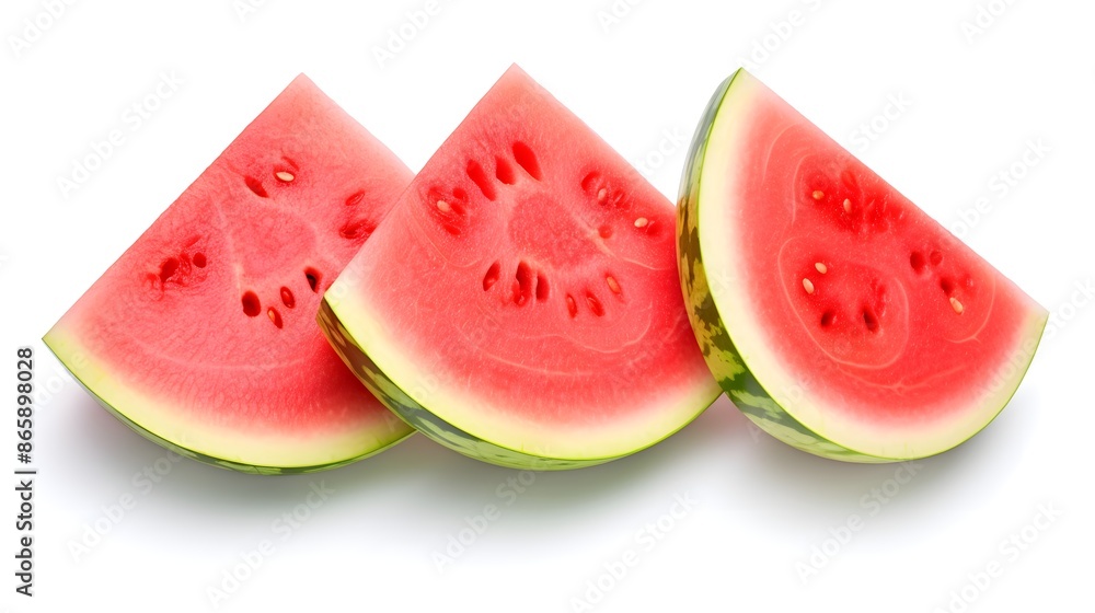 A watermelon is cut into three slices isolated on white background A watermelon is cut into three slices isolated on white background