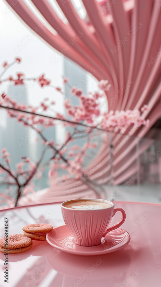Tasse de café rose avec macarons et fleurs de cerisier en arrière-plan sur la terrasse d'un immeuble ultra-moderne rose dans une mégapole en arrière-plan flouté